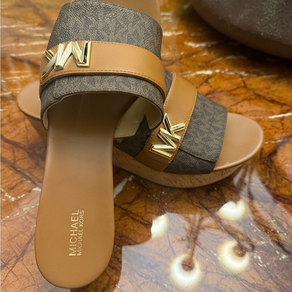 Michael Kors Gold and Brown Slide Sandals